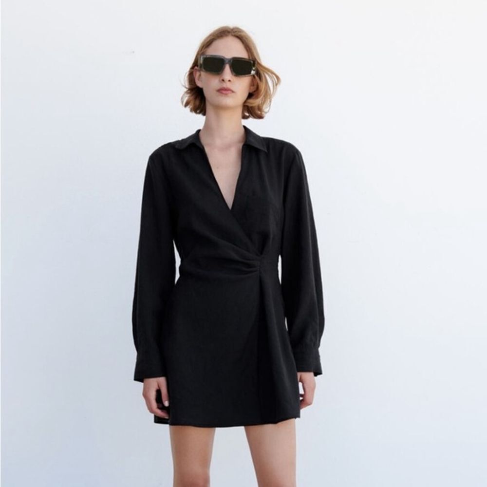Zara Wrap Mini Dress Black Long Sleeve V Neck Size Medium NWT